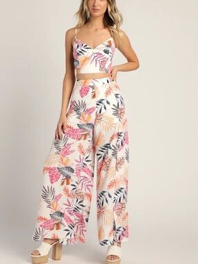 Lulus Views of Vacation White Multi Floral Lace-Up Two-Piece Jumpsuit / Set